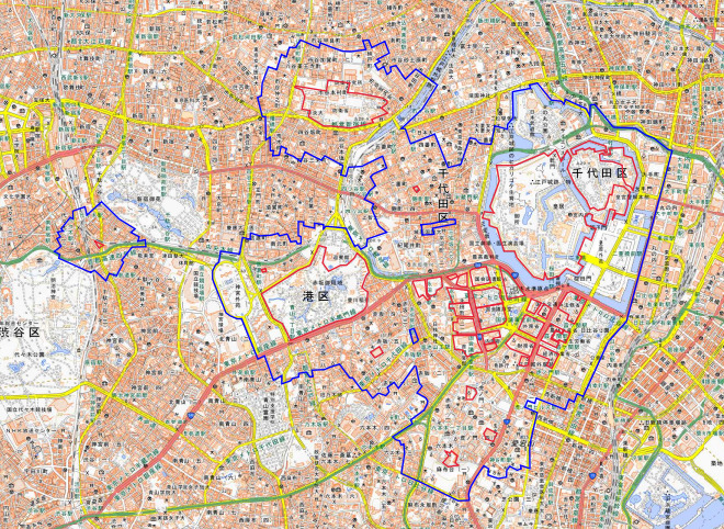 東京都心部における対象施設周辺地域図の画像